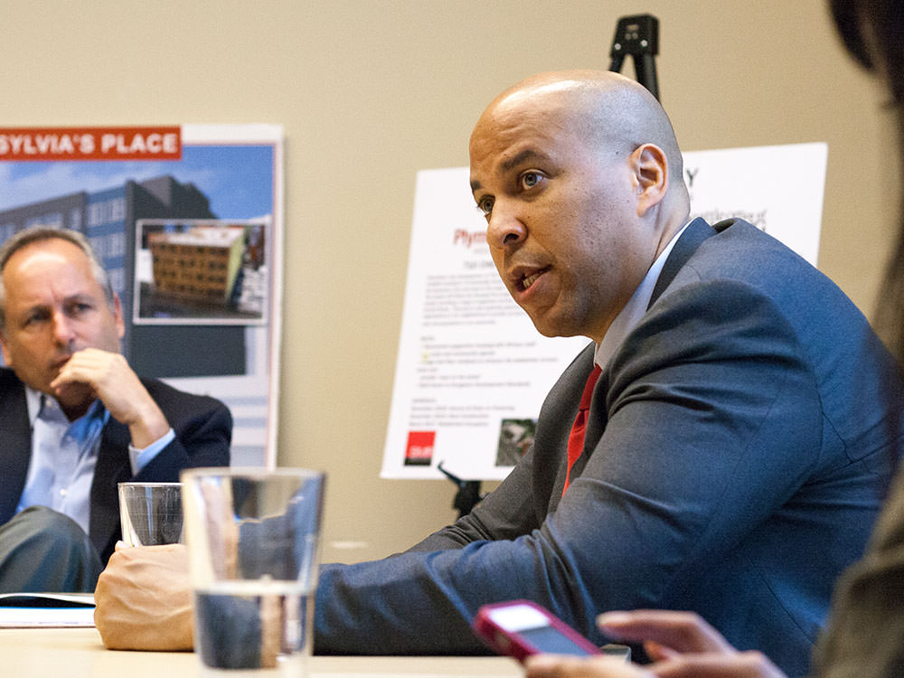 Cory Booker responds to Plymouth CEO Paul Lambros - Photo by Elisabeth Vasquez Hein