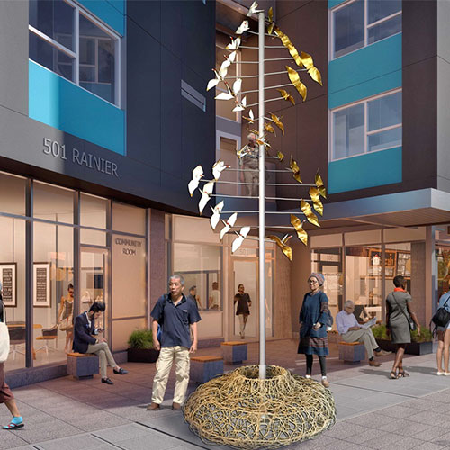 Rendering of 501 Rainier with public art project 