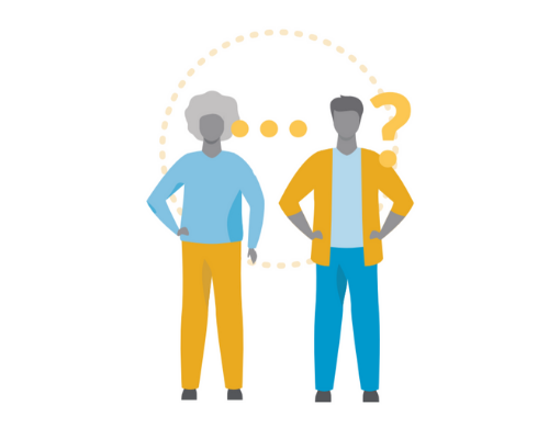 Illustration representing one person asking another a question.
