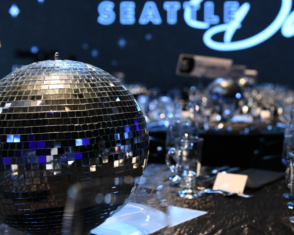 Mirror ball on a table at a Seattle gala.