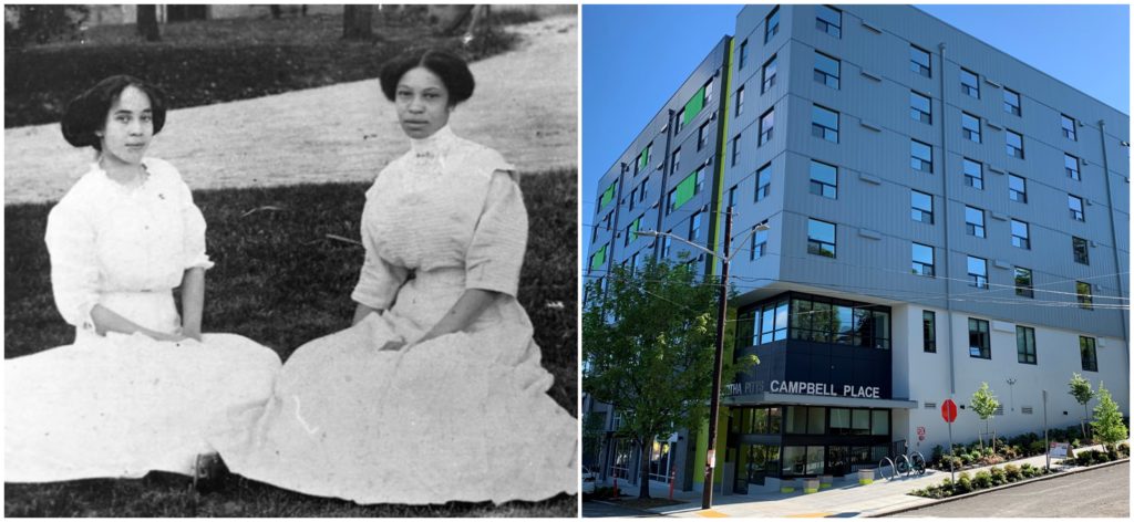 A black and white image of two Black women, seated, and a photo of the Building Bertha Pitts Campbell Place. 