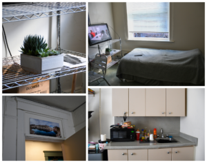 A collage of 4 photos depicting a resident's room. The photos show a houseplant, a well made bed, an organized kitchen, and a landscape painting.