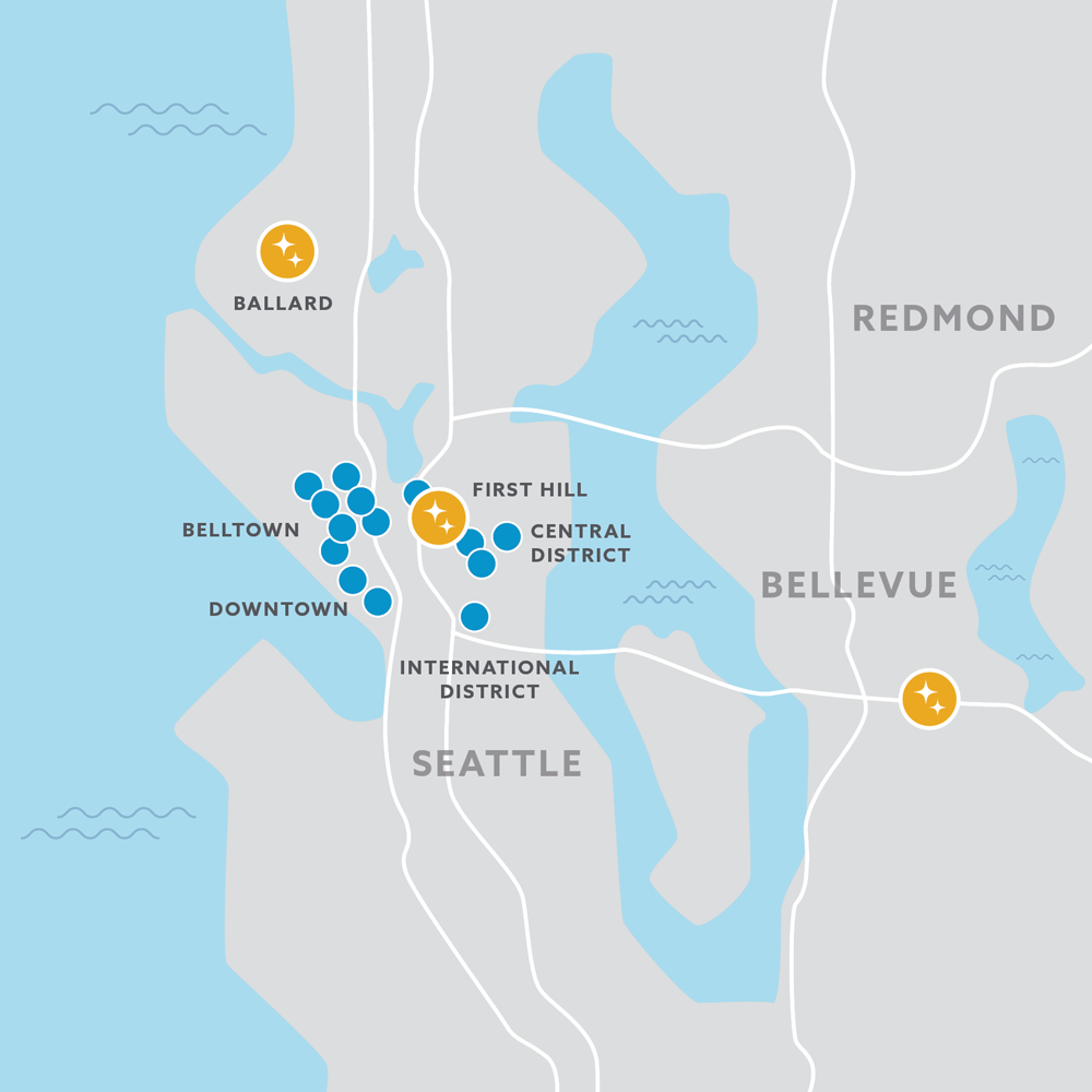 Map showing locations of Plymouth buildings in King County